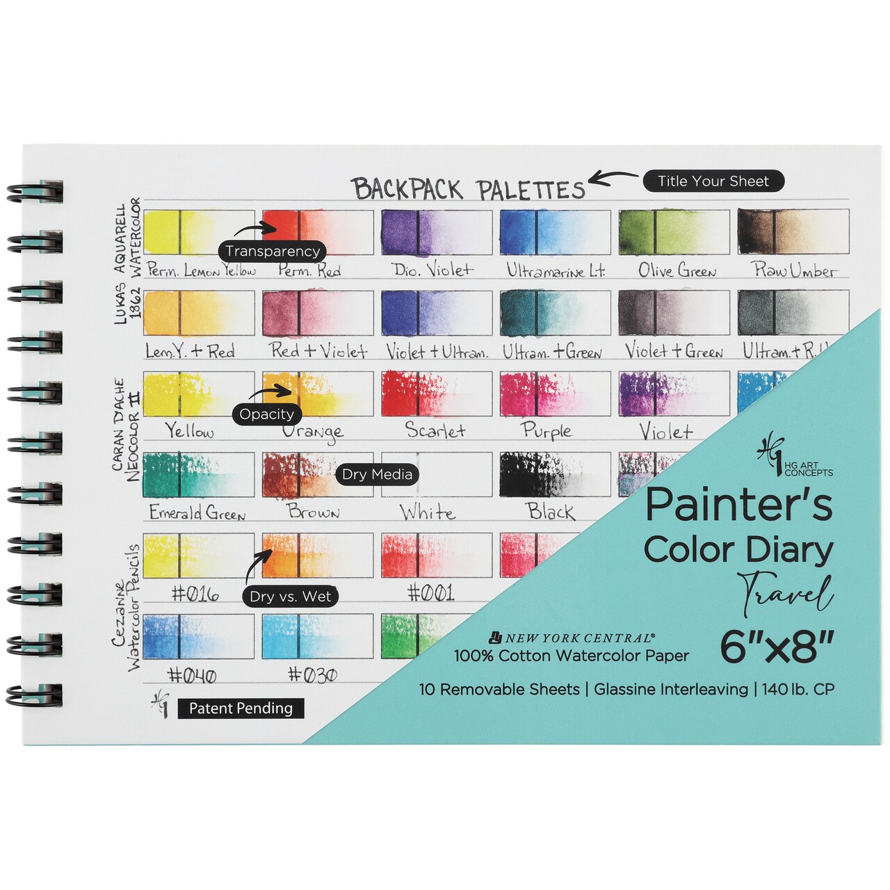 HG Art Concepts Travel Size Painters Water Color Diary - 6x8" Spiral-Bound Acid-Free Color Swatch Book with 10 Removable Pages and Glassine for Traveling Artists